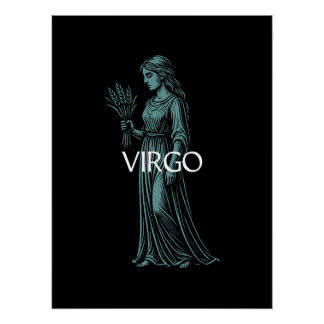 Poster Virgo Zodiac – Vintage Maiden in Teal on Black
