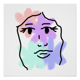 Poster Visage et fleurs abstrait (couleurs pâles)