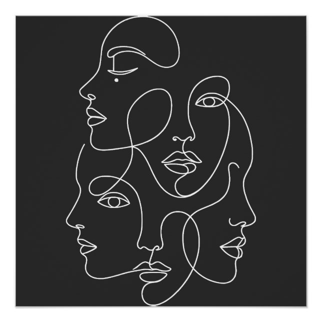 Poster Visages Abstraits en Une Seule Ligne Blanche sur F (Devant)