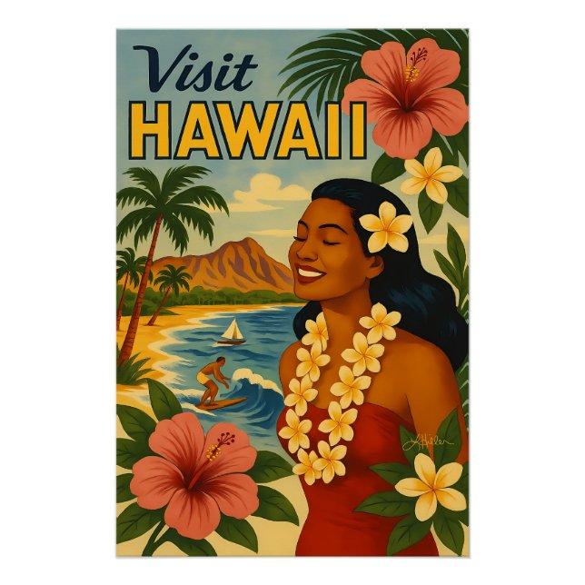 Poster Visite Hawaii Tourisme Art Mid Century (Devant)