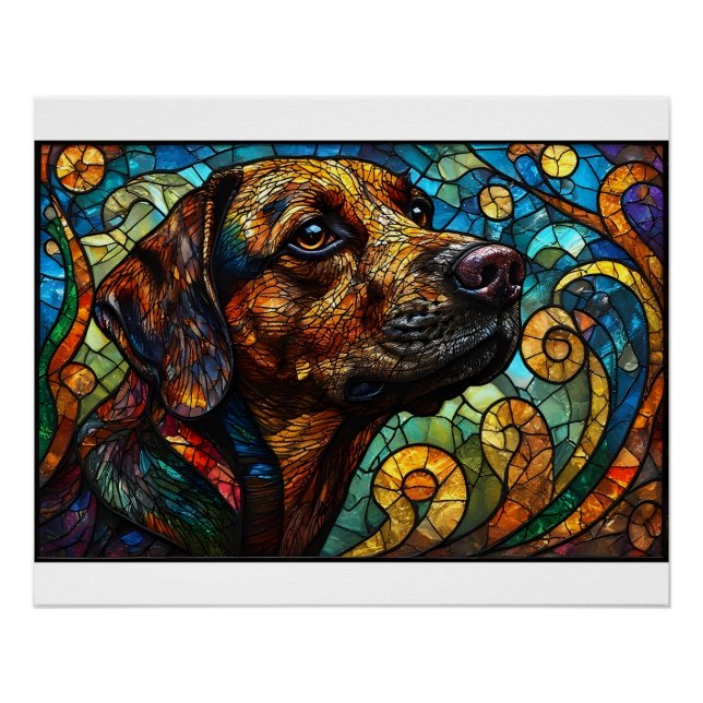 Poster Vitrail d'un chien aux couleurs vives (Devant)