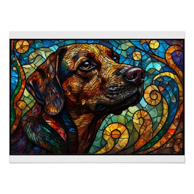 Poster Vitrail d'un chien aux couleurs vives (Devant)