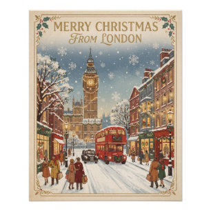 Poster Vœu de Noël londonien enneigé de style vintage