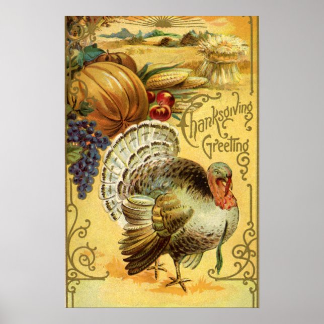 Poster Vœux de Thanksgiving vintage avec dinde (Devant)