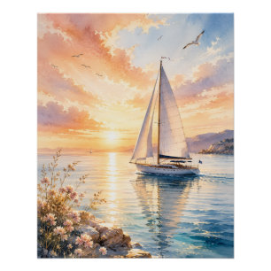 Poster Voilier de luxe à l'aube Aquarelle