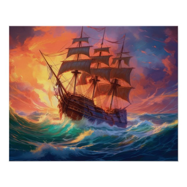 Poster Voilier sur une mer orageuse (Devant)