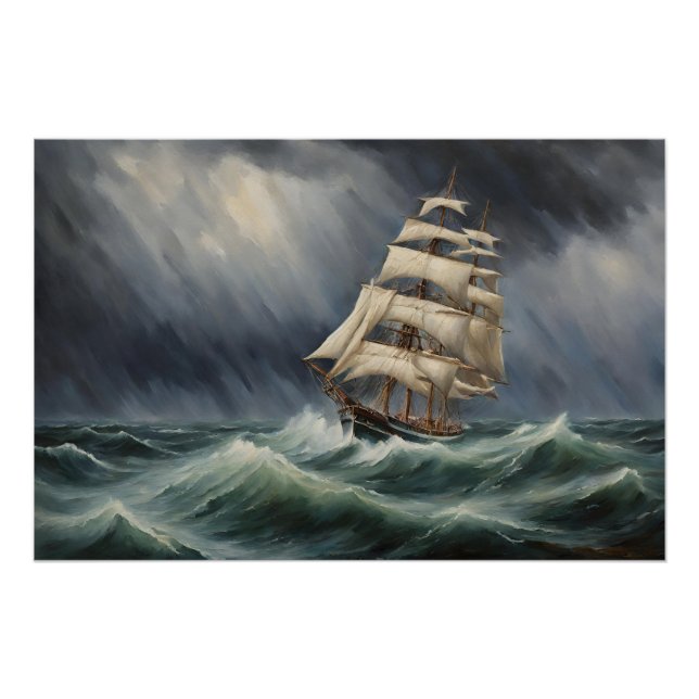 Poster Voilier vintage dans l'océan orageux Illustration (Devant)