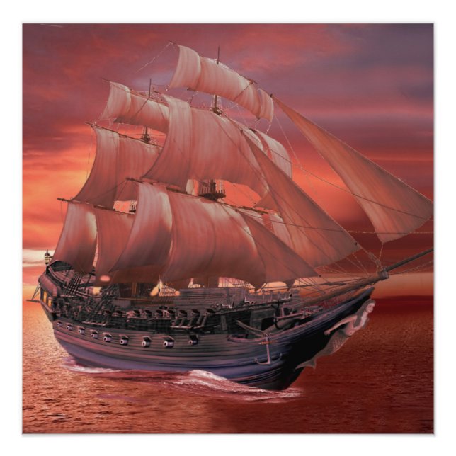 POSTER VOILIERS PARTENT AU COUCHER DU SOLEIL (Devant)