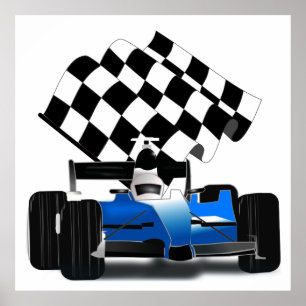 Poster Voiture Blue Race avec drapeau À damiers