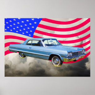 Poster Voiture Chevrolet Impala Et Drapeau Américain 1964
