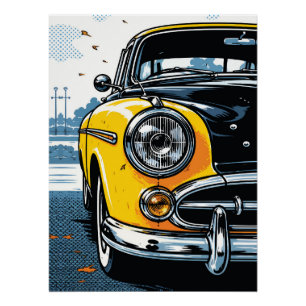 Poster Voiture Classique Jaune Rétro Avant Art Pop