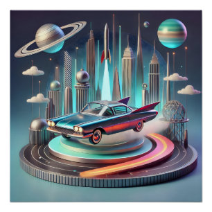 Poster Voiture Coupé à Grandes Ailes Futuristes Atomiques