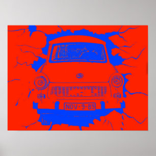 Poster Voiture de Trabant et mur de Berlin Rouge/bleu