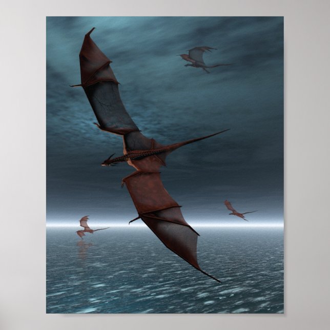 Poster Vol de dragons rouges au-dessus de la mer (Devant)