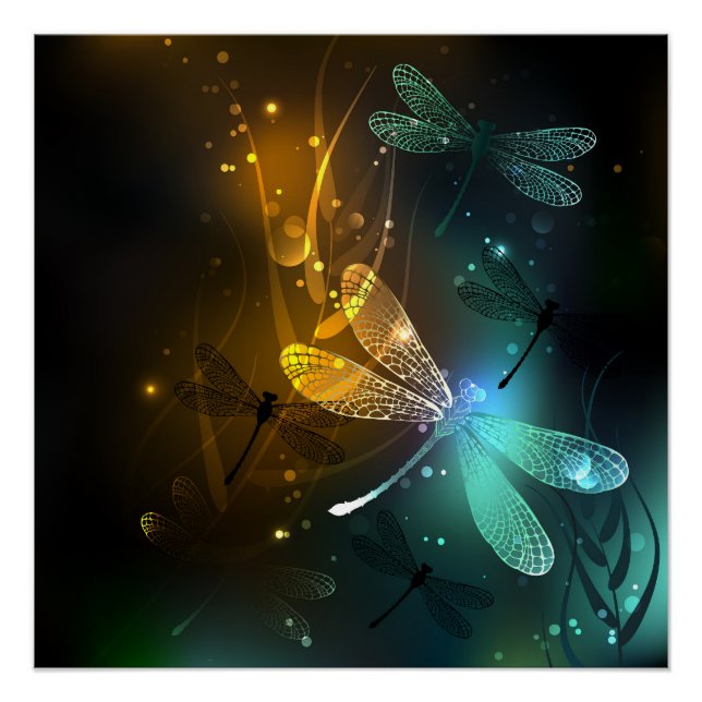 Poster Vol de libellule verte lumineuse (Devant)