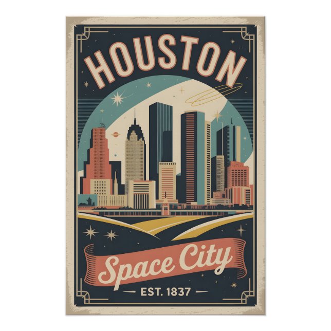 Poster Voyage à Houston Texas Space City Rétro (Devant)