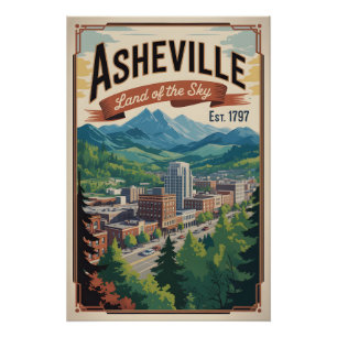 Poster Voyage Rétro à Asheville Caroline du Nord
