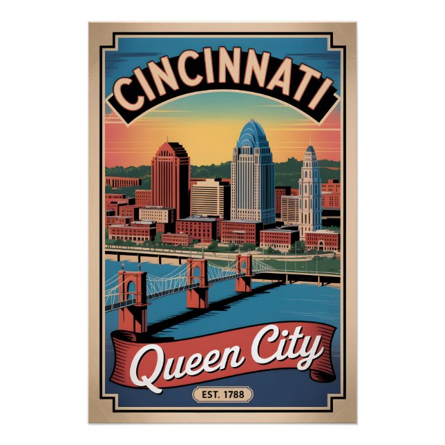 Poster Voyage Rétro Cincinnati Ohio Queen City (Devant)
