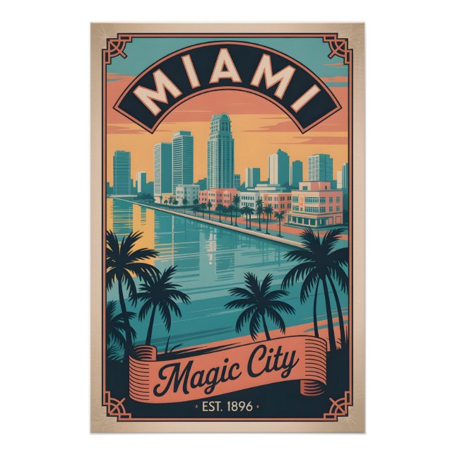 Poster Voyage Rétro Miami Floride Magic City (Devant)