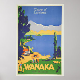 Poster Voyage vintage de Wanaka Nouvelle Zélande Région