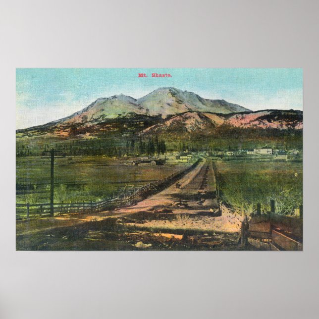 Poster Vue aérienne de la vallée et du mont Shasta (Devant)