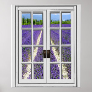Poster Vue champ de lavande Fausse fenêtre