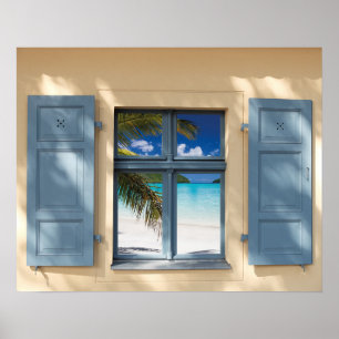 Poster Vue de plage tropicale de fausse fenêtre de cottag