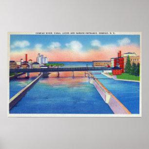 Poster Vue de rivière d'Oswego des serrures et du port de
