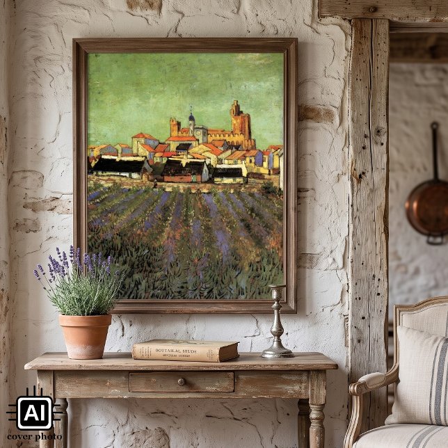 Poster Vue de Saintes Maries par Vincent van Gogh (View of Saintes-Maries by Vincent van Gogh is a vintage fine art post impressionism painting.)