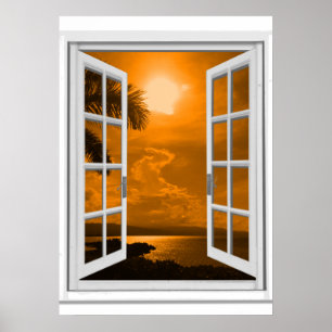 Poster Vue du coucher de soleil Trompe l'oeil Fausse fenê