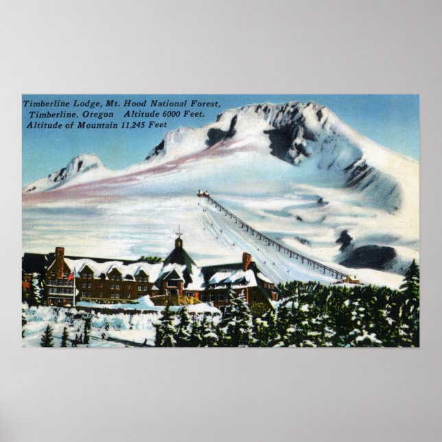 Poster Vue du pavillon Timberline, mont Hood en hiver (Devant)