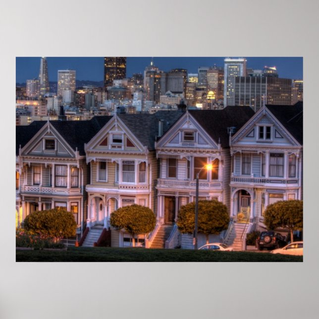 Poster Vue nocturne des maisons 'painted ladies' (Devant)