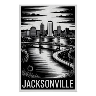 Poster Vue panoramique de Jacksonville Floride en noir et