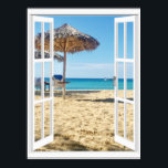 Poster Vue Plage De Sable Et Fenêtre Mer<br><div class="desc">Belle vue sur la plage tropicale côtière avec plage de sable,  mer turquoise et ciel bleu. Image de la vue sur la plage de l'océan par la fenêtre sur affiche personnalisée.</div>