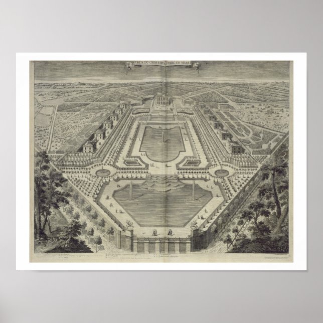 Poster Vue sur le château et le parc de Marly, gravée par (Devant)