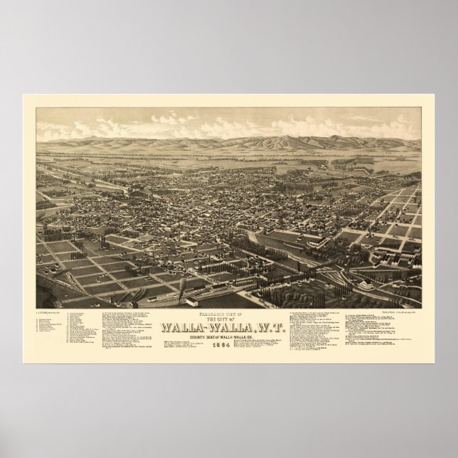 Poster Walla Walla, WA Carte panoramique - 1884 (Devant)