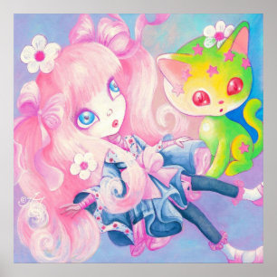 Poster Wamono Fille Japonaise Avec Un Petit Chat Kawaii ~