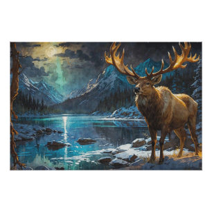Poster Wapiti (Elk) et lumières d'hiver