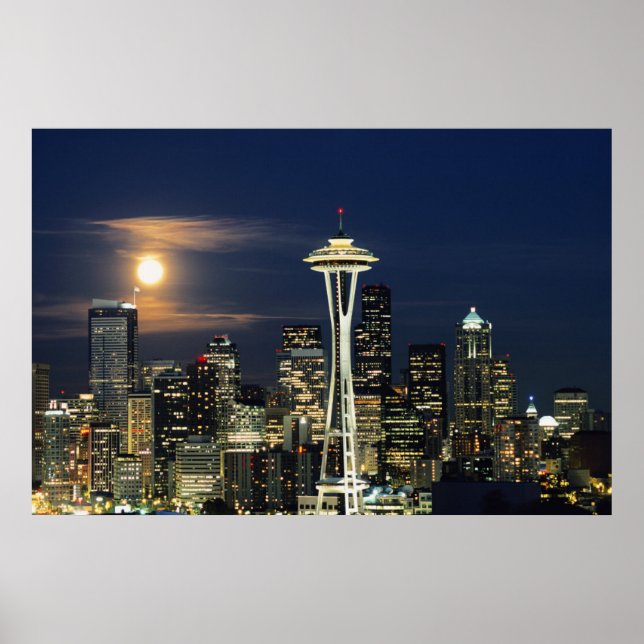 Poster Washington, Seattle, Skyline la nuit depuis Kerry  (Devant)