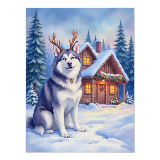 Poster Watercolor Alaskan Malamute Reindeer Christmas (Devant)