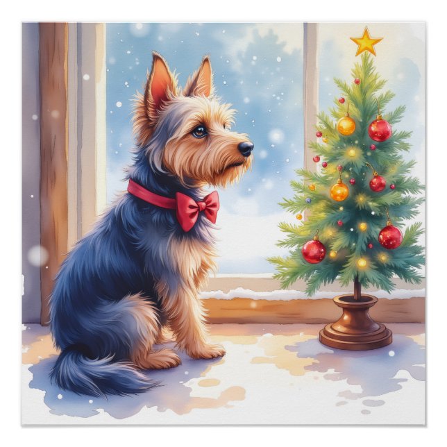 Poster Watercolor Australian Terrier Tabletop Christmas (Devant)