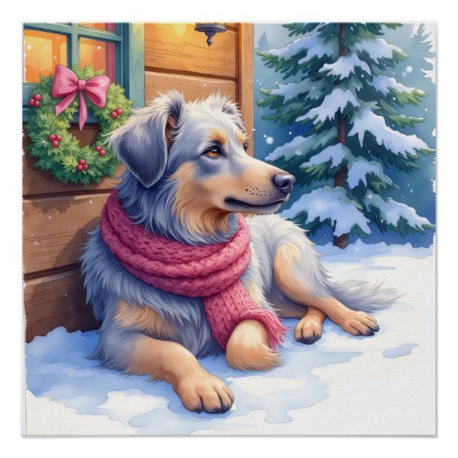 Poster Watercolor Bergamasco Shepherd Cabin Christmas (Devant)