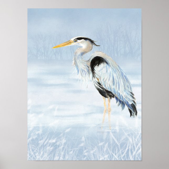 Poster Watercolor Great Blue Heron Bird nature wildlife (Devant)