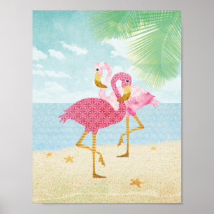 Poster Watercolor Pink Flamingos on the Beach