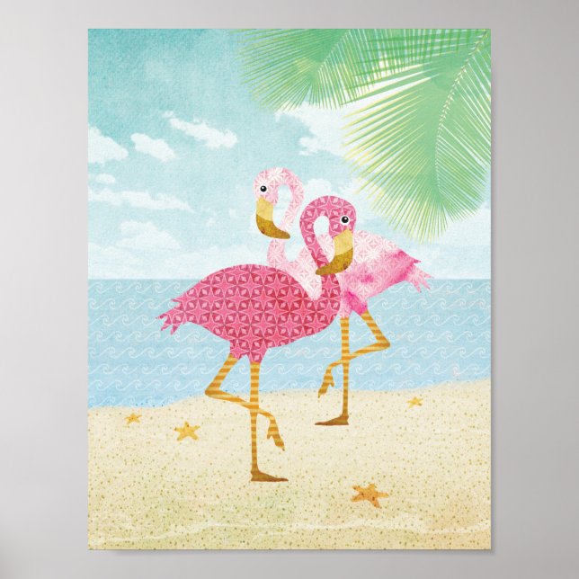 Poster Watercolor Pink Flamingos on the Beach (Devant)