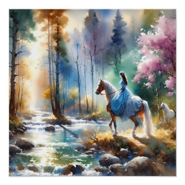 Poster Watercolor River Horsewoman Forest Light (Devant)