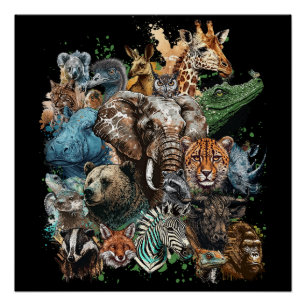 Poster Watercolor Wildlife Collage