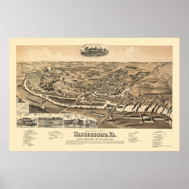 Poster Waynesboro, VA Carte panoramique - 1891 (Devant)