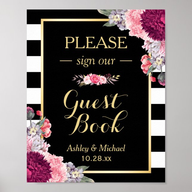 Poster Wedding Guestbook Sign Burgundy Floral Stripes (Devant)