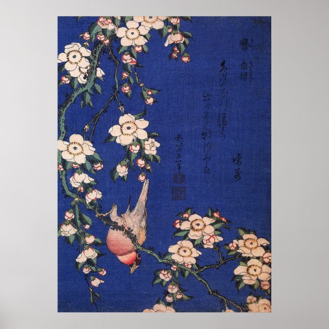 Poster Weeping Cherry and Bullfinch, Hokusai (Devant)